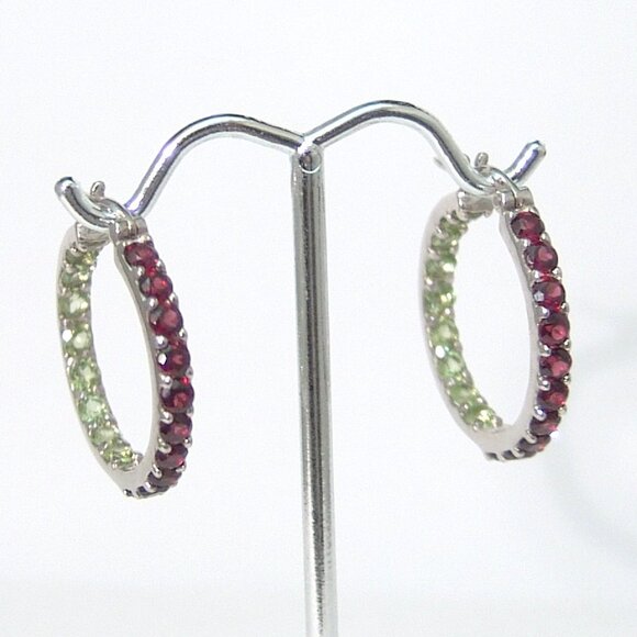 Sterling Silver Rhodolite Garnet Peridot Hoop Earrings 1" Rhodium Anti Tarnish - Picture 3 of 5